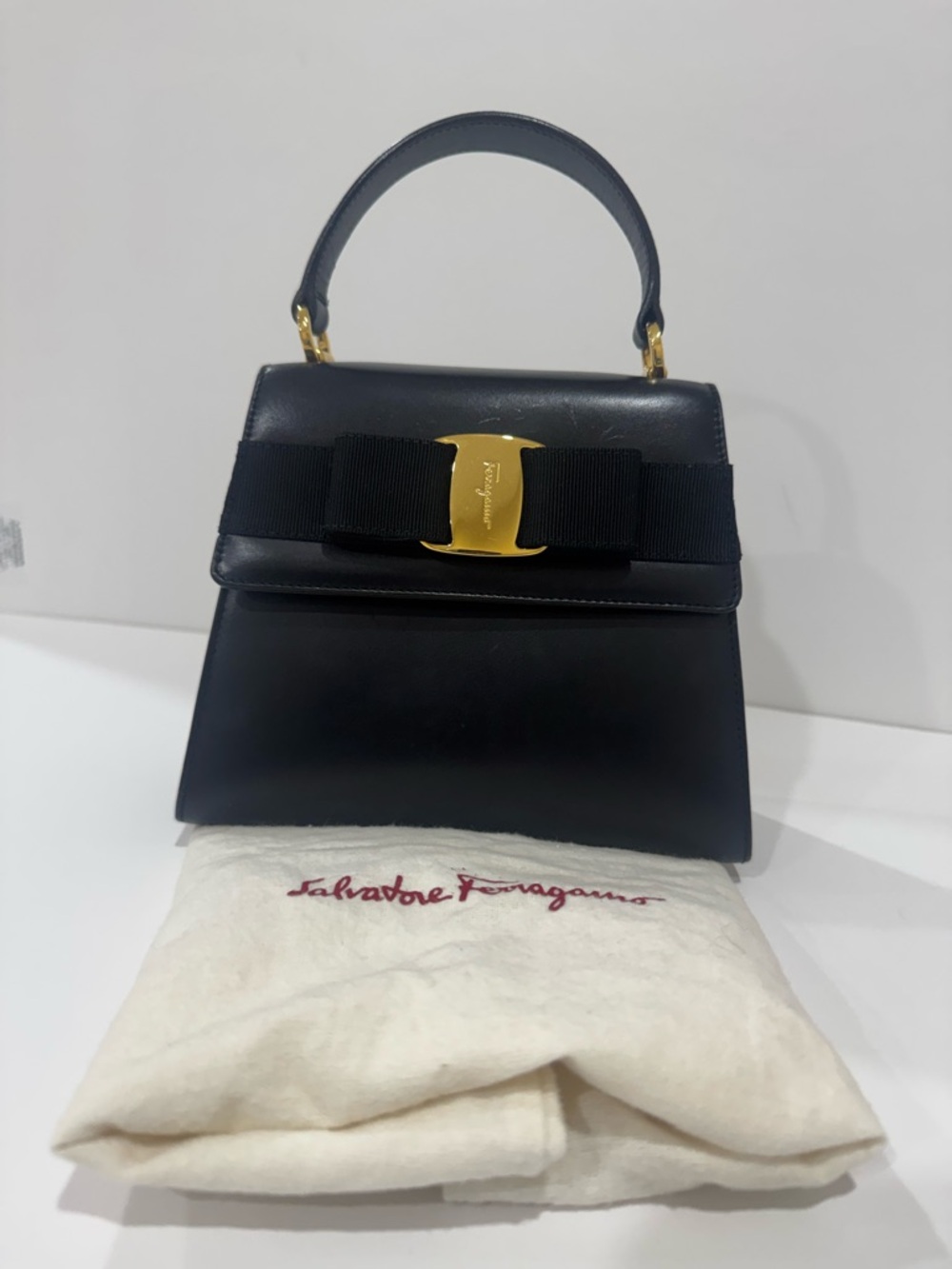 Salvatore Ferragamo Black Mini Top-Handle Vara Bag with Gold Hardware